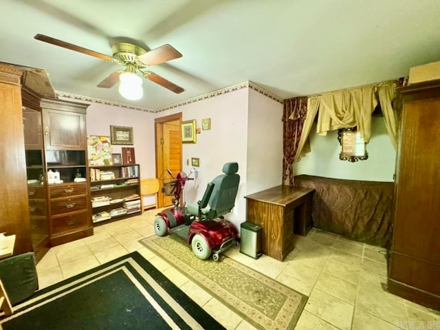 interior space with ceiling fan and light tile patterned flooring