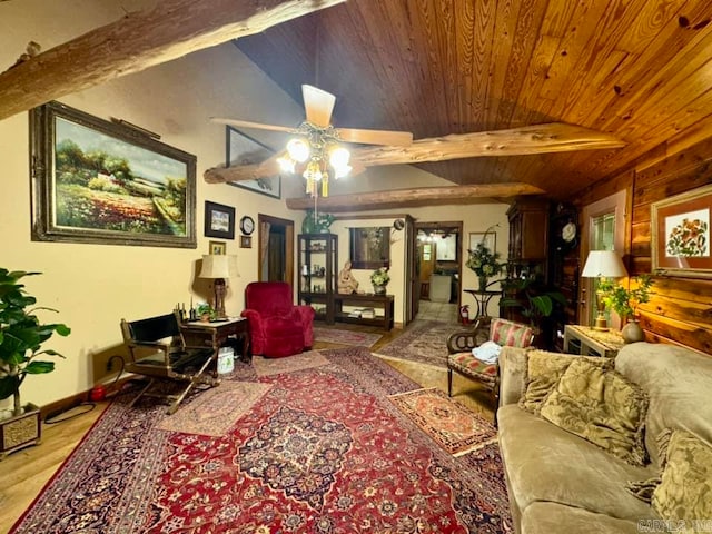 living room with wooden ceiling, ceiling fan, hardwood / wood-style floors, and lofted ceiling with beams