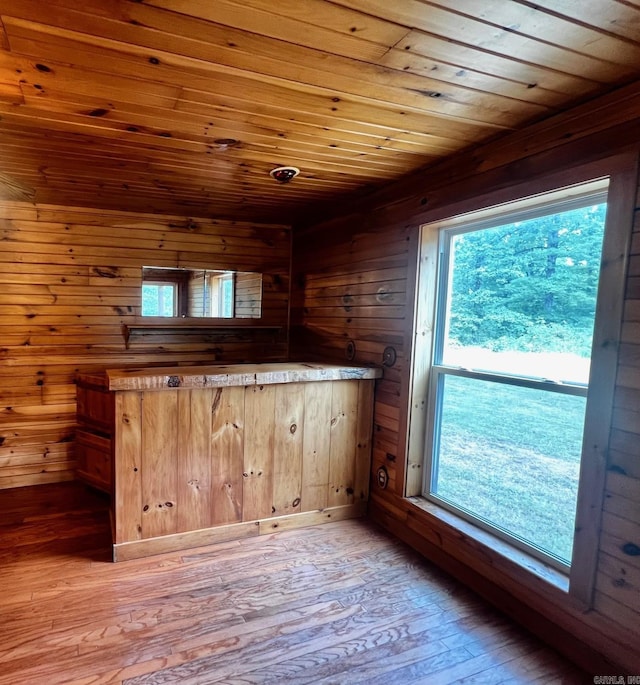 bar featuring wood ceiling, a wealth of natural light, wood walls, and light wood-style flooring