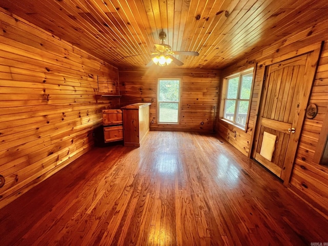 additional living space featuring dark wood-type flooring, wood ceiling, ceiling fan, and wooden walls