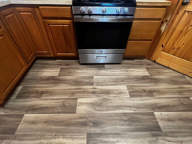 kitchen with light hardwood / wood-style flooring and stainless steel electric range