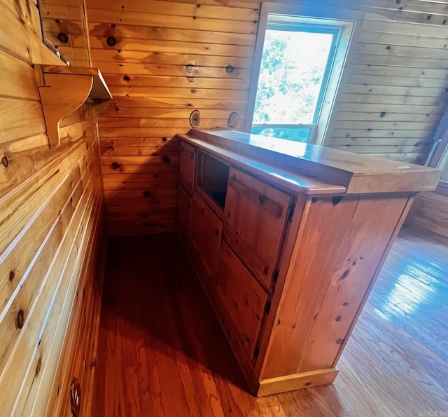 interior space with wooden walls and hardwood / wood-style flooring