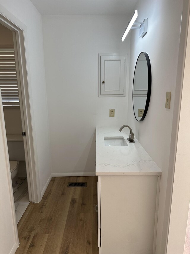 bathroom with toilet, vanity, and wood-type flooring