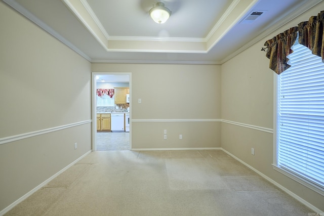 empty room featuring a raised ceiling, a healthy amount of sunlight, and crown molding