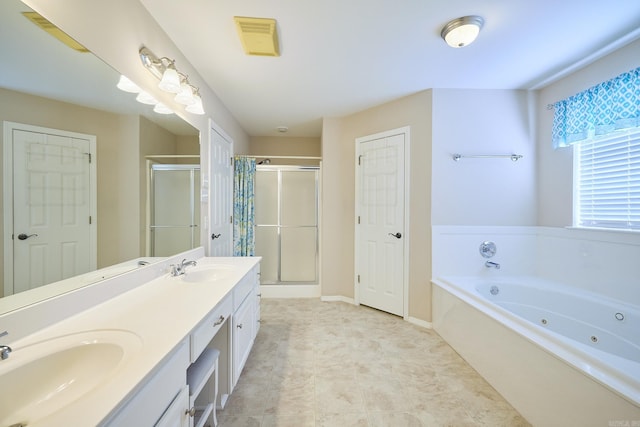 bathroom with plus walk in shower and vanity