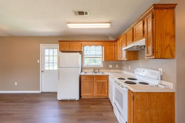 kitchen with sink, white appliances, a textured ceiling, and dark hardwood / wood-style floors