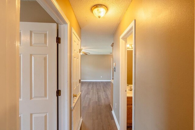 hallway featuring wood-type flooring and a textured ceiling