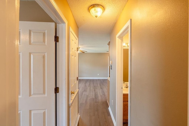 hall featuring a textured ceiling and hardwood / wood-style flooring