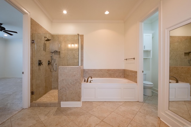 bathroom featuring ceiling fan, tile patterned flooring, shower with separate bathtub, and toilet