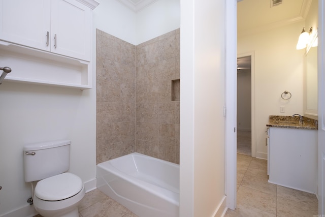 full bathroom featuring tile patterned floors, toilet, vanity, and ornamental molding