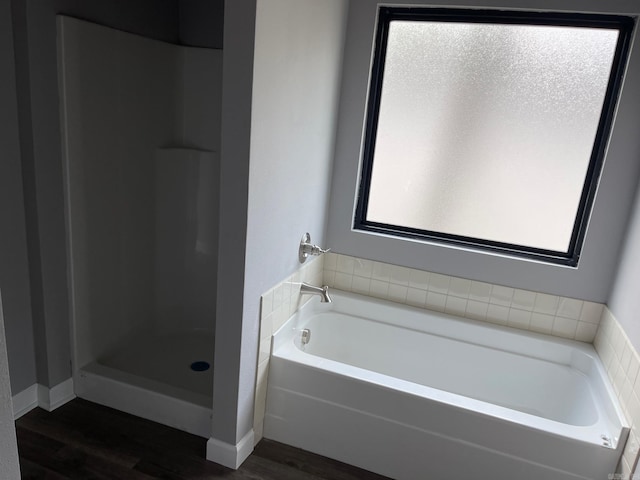 bathroom with plus walk in shower and hardwood / wood-style floors