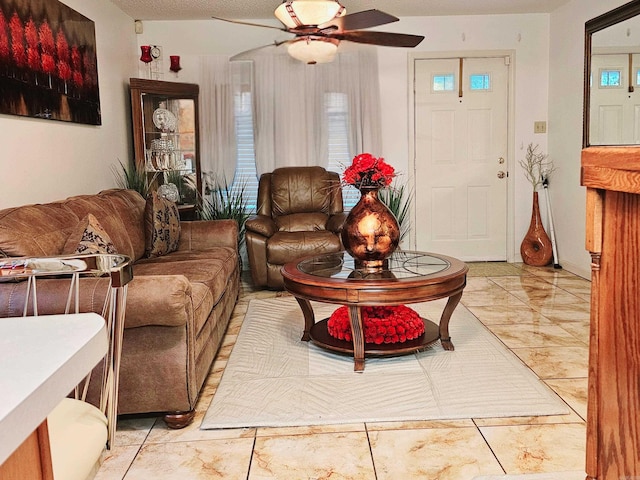 living area with a ceiling fan