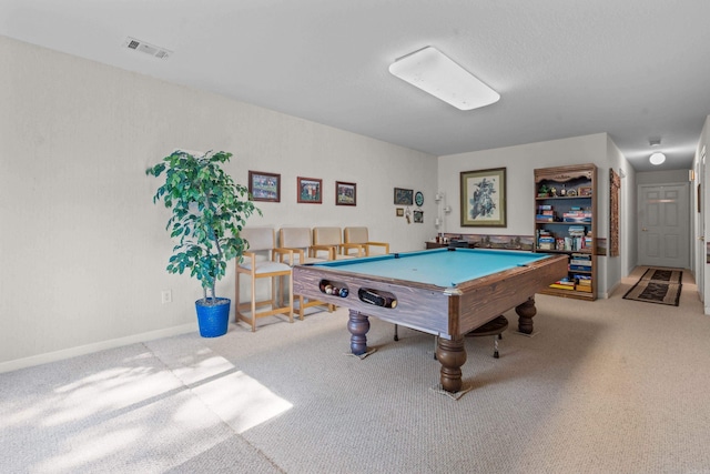 rec room featuring billiards, baseboards, carpet, and visible vents