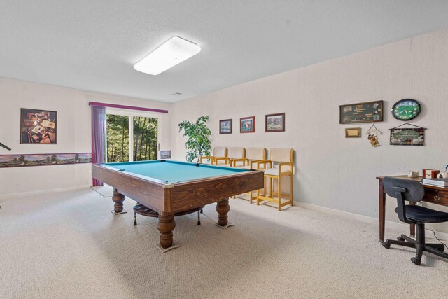 game room featuring baseboards, carpet floors, a textured ceiling, and pool table