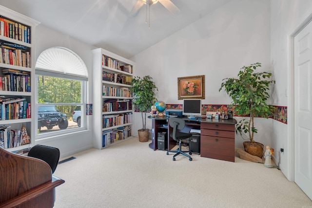 office area featuring lofted ceiling, ceiling fan, and carpet floors