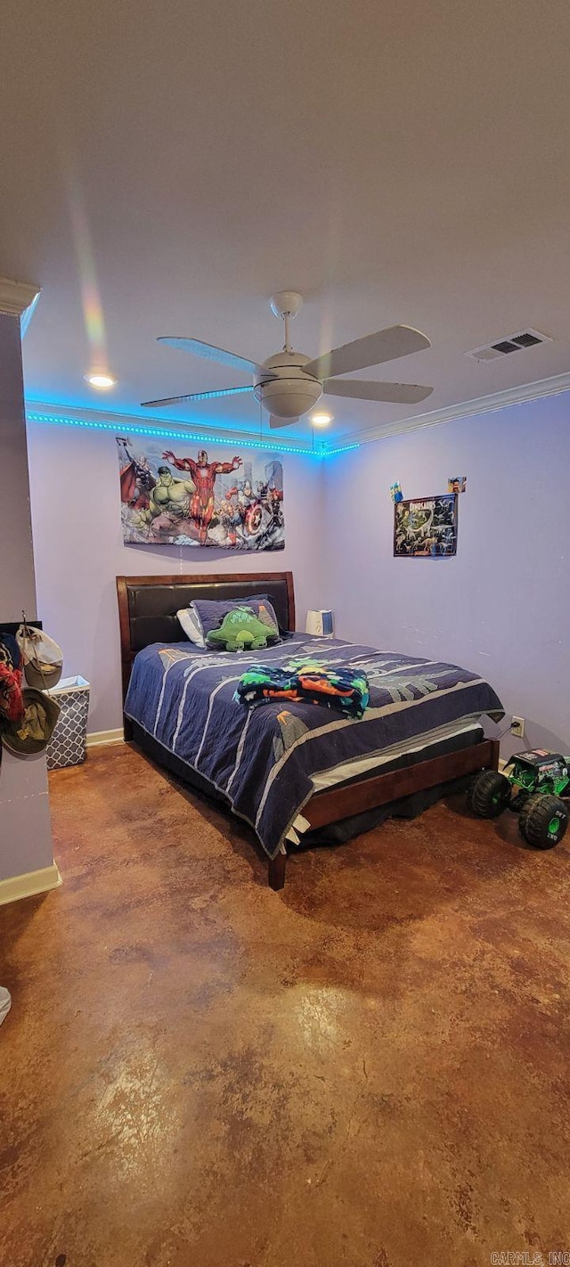 bedroom with ornamental molding and ceiling fan