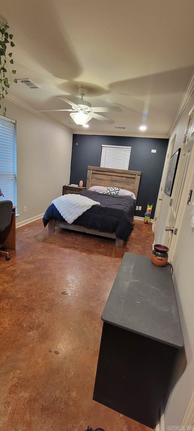 bedroom featuring concrete floors, ornamental molding, and ceiling fan