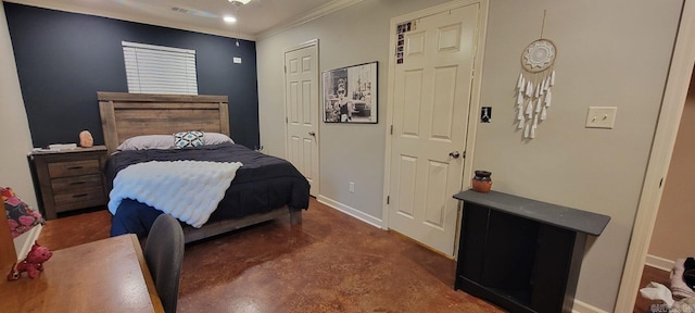 bedroom with crown molding