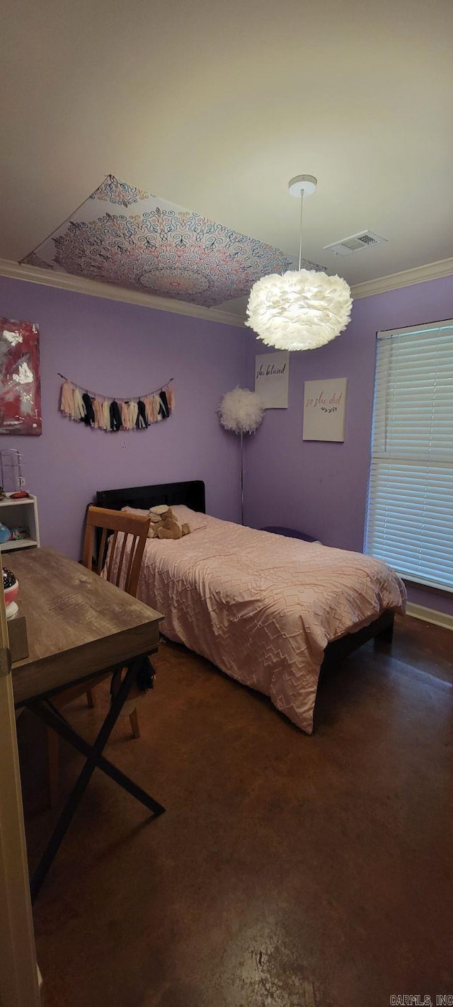 carpeted bedroom with crown molding