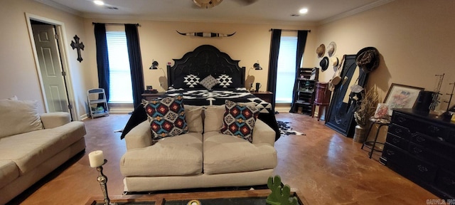 bedroom with concrete flooring and crown molding