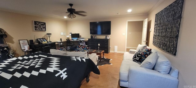 bedroom with ornamental molding and ceiling fan