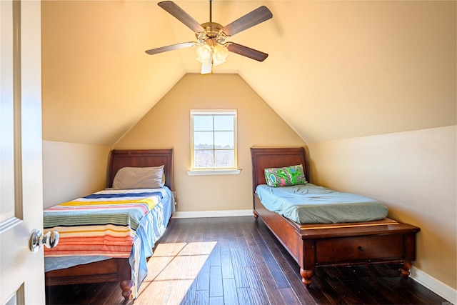 bedroom with ceiling fan, wood-type flooring, and lofted ceiling