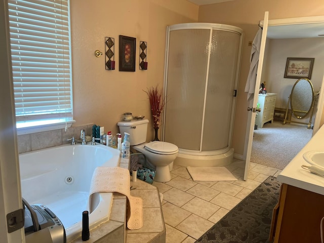 full bathroom with plus walk in shower, tile patterned floors, toilet, and vanity