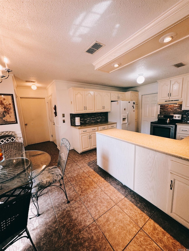 kitchen with backsplash, a textured ceiling, white refrigerator with ice dispenser, and electric range oven