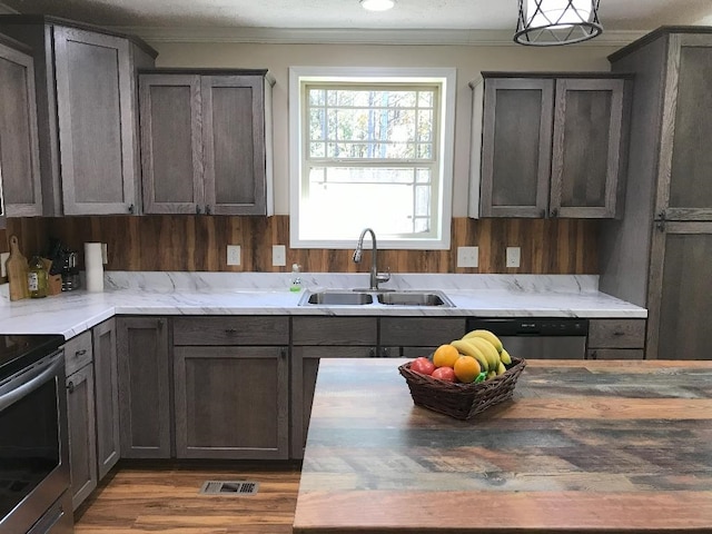 kitchen with sink, appliances with stainless steel finishes, dark brown cabinets, and crown molding