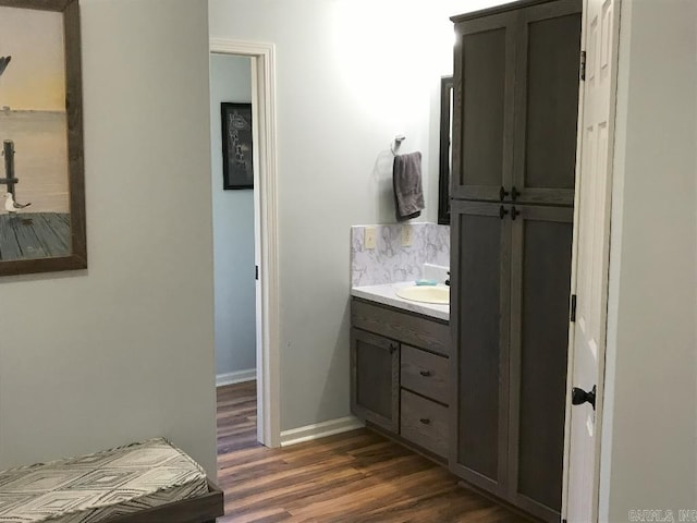 bathroom with hardwood / wood-style flooring, vanity, and tasteful backsplash