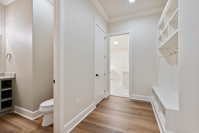 mudroom with light hardwood / wood-style flooring