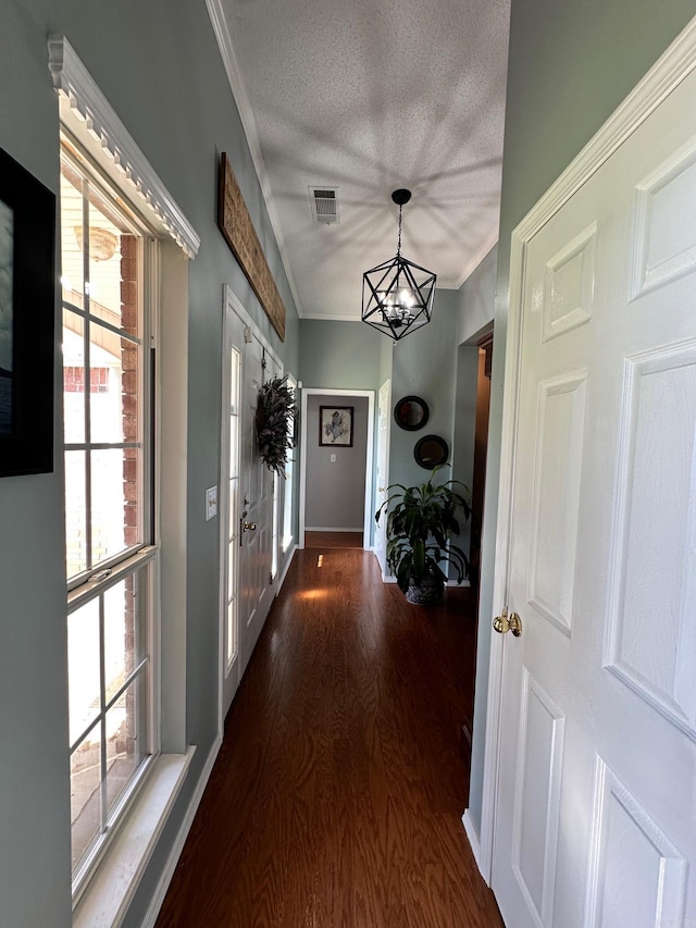 hallway featuring dark wood-type flooring, plenty of natural light, and ornamental molding