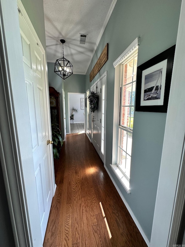 hallway featuring a wealth of natural light, a textured ceiling, dark hardwood / wood-style flooring, and an inviting chandelier