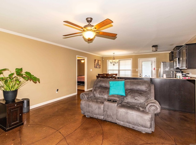 living room with ceiling fan with notable chandelier and ornamental molding