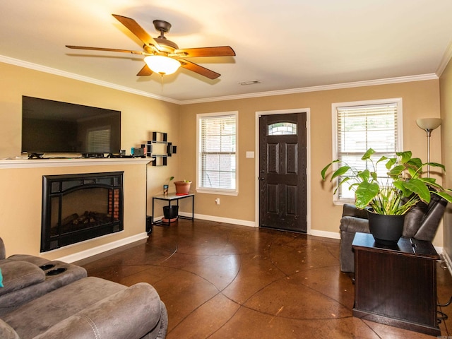 tiled living room featuring ceiling fan, ornamental molding, and a healthy amount of sunlight