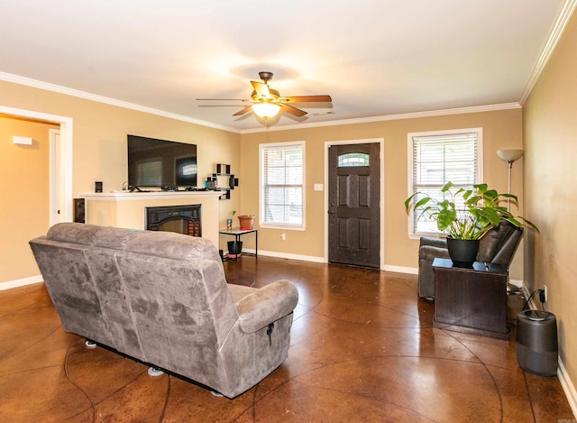 living room featuring ceiling fan, a healthy amount of sunlight, and ornamental molding