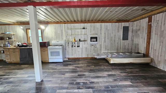 kitchen featuring light brown cabinets, electric panel, heating unit, white gas range, and dark wood finished floors