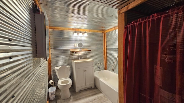 full bathroom featuring toilet, independent shower and bath, vanity, and wood-type flooring