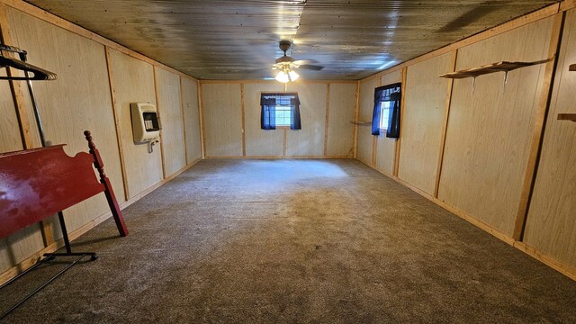 basement with wood ceiling, ceiling fan, and wood walls