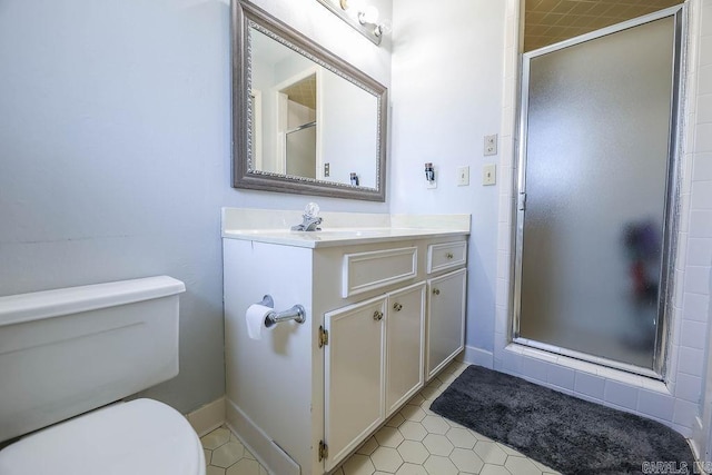 bathroom featuring tile patterned flooring, an enclosed shower, toilet, and vanity