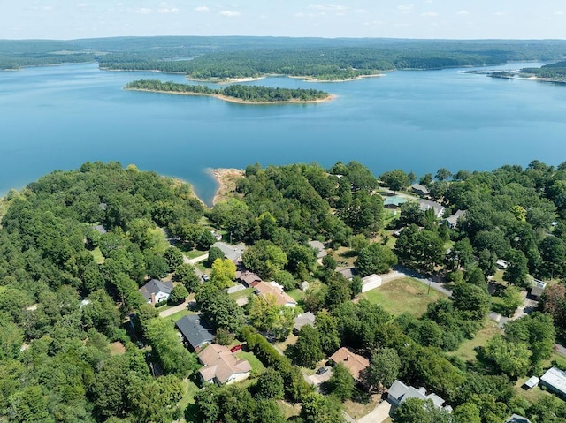 drone / aerial view with a water view and a wooded view