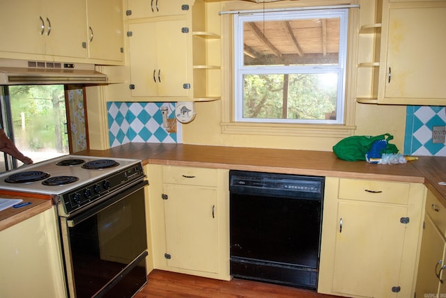 kitchen with open shelves, range with electric stovetop, under cabinet range hood, black dishwasher, and decorative backsplash