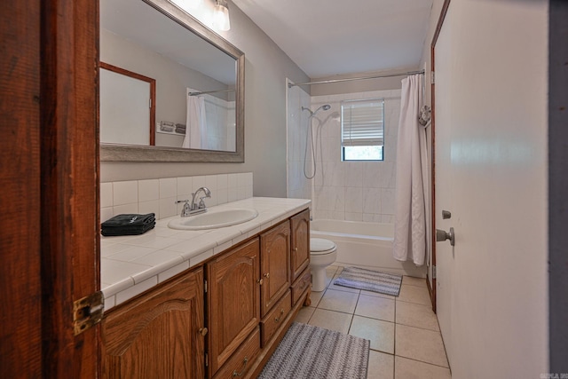 full bathroom featuring backsplash, vanity, tile patterned floors, shower / bath combination with curtain, and toilet