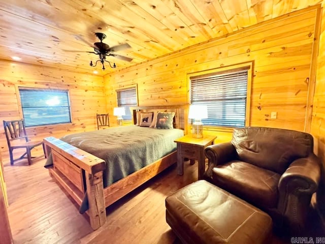 bedroom featuring wooden ceiling, wood-type flooring, ceiling fan, and wooden walls