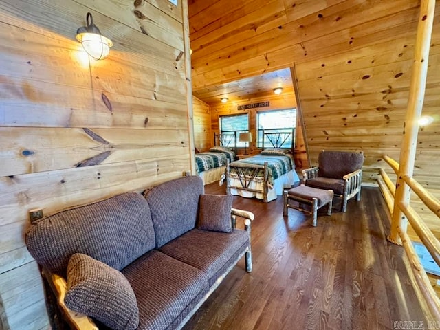 sitting room with wooden ceiling, vaulted ceiling, hardwood / wood-style flooring, and wooden walls