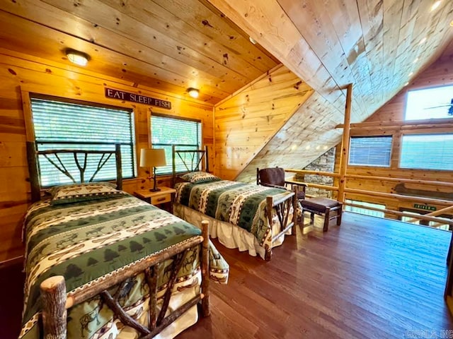 bedroom featuring vaulted ceiling, wood-type flooring, multiple windows, and wood ceiling