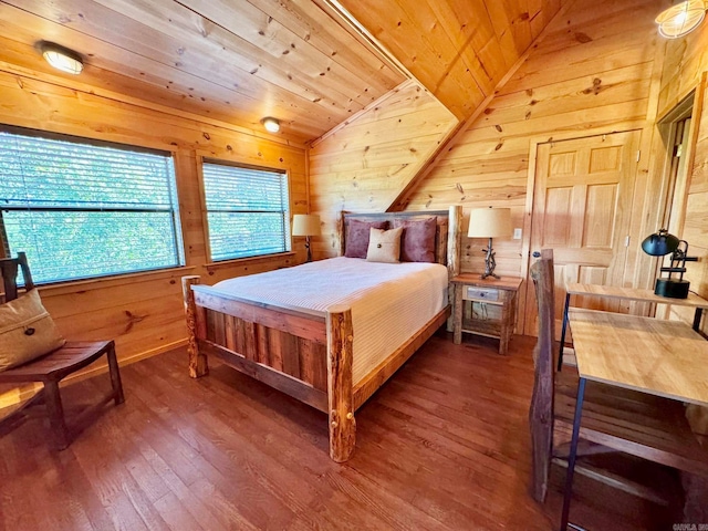 bedroom with wood ceiling, wooden walls, lofted ceiling, and hardwood / wood-style flooring