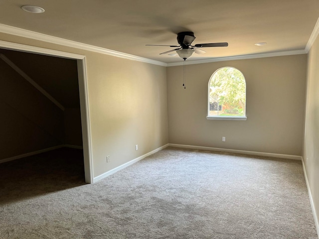 unfurnished bedroom featuring ceiling fan, carpet, crown molding, and a spacious closet