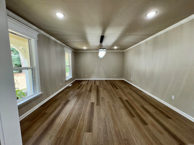 spare room featuring dark hardwood / wood-style floors and crown molding