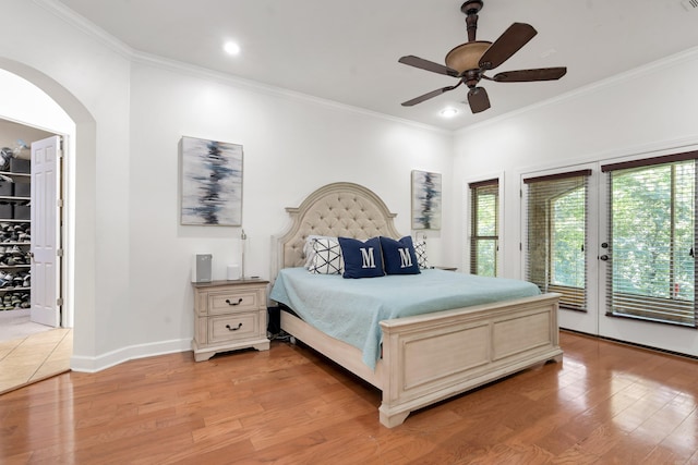 1312 Stone Creek Ln, Jonesboro, AR 72401 - bedroom featuring ceiling fan, light wood-type flooring, access to outside, and crown molding